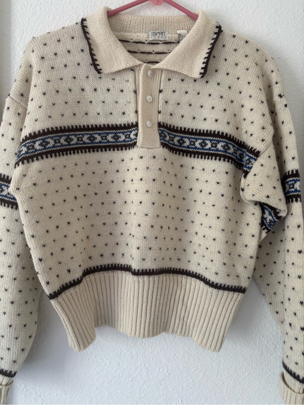 HTF Vintage Women’s ESPRIT Sz M Polo Wool Knit Sweater with Blue Pattern